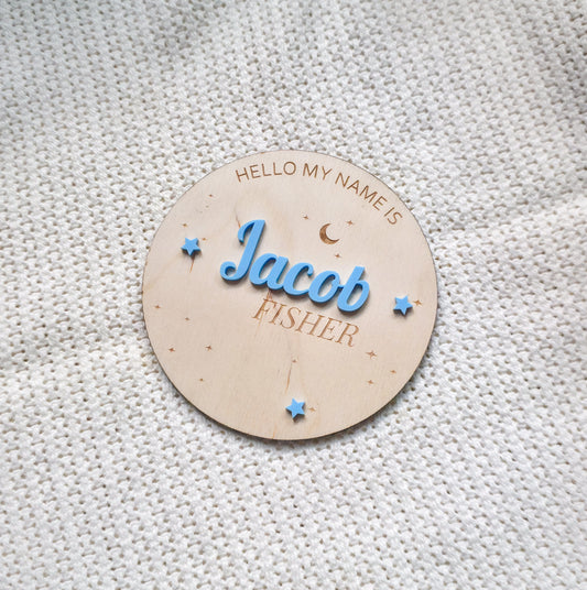 Round Moon & Stars Baby Name Announcement - Birch & Acrylic