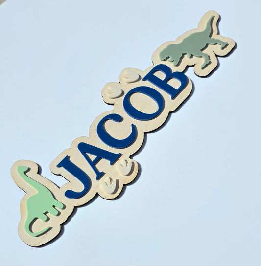 Dinosaur Kids Name Sign - Acrylic & Birch