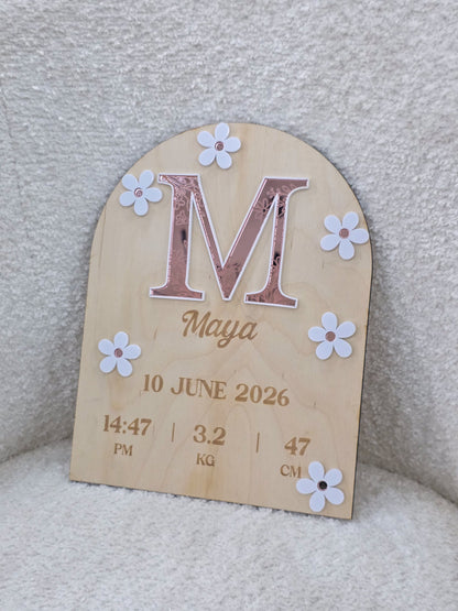 Large Baby Birth Announcement Plaque - Floral Mirror Acrylic
