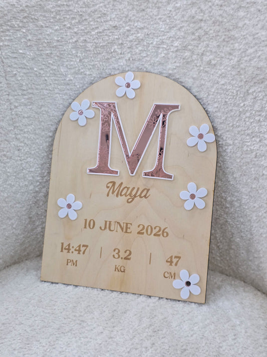 Large Baby Birth Announcement Plaque - Floral Mirror Acrylic
