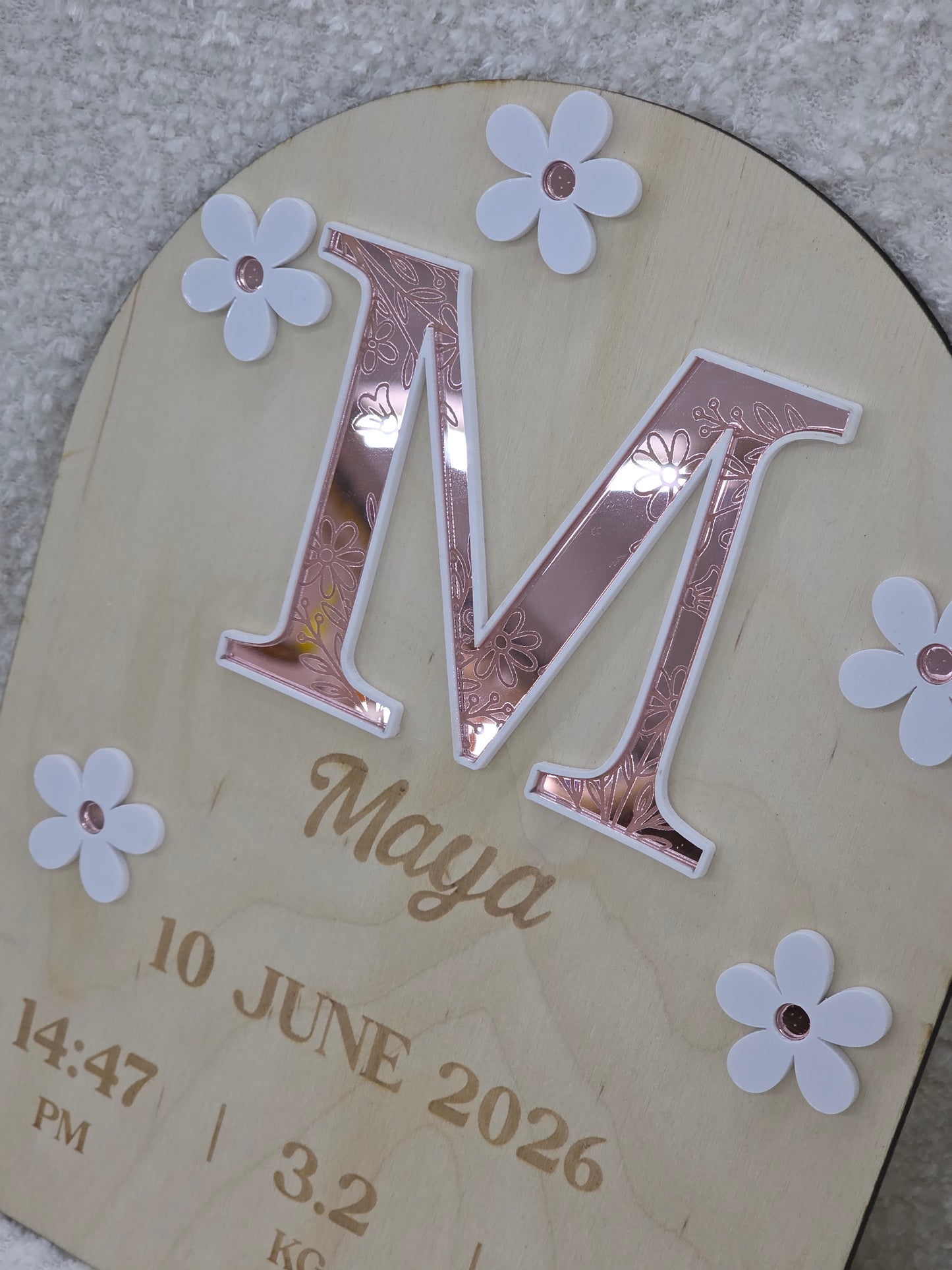 Large Baby Birth Announcement Plaque - Floral Mirror Acrylic