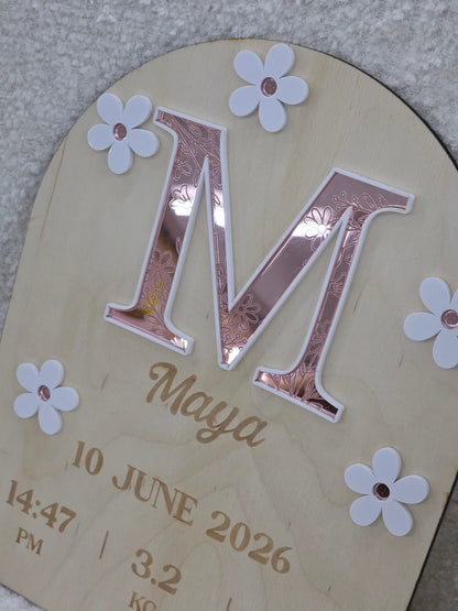 Large Baby Birth Announcement Plaque - Floral Mirror Acrylic