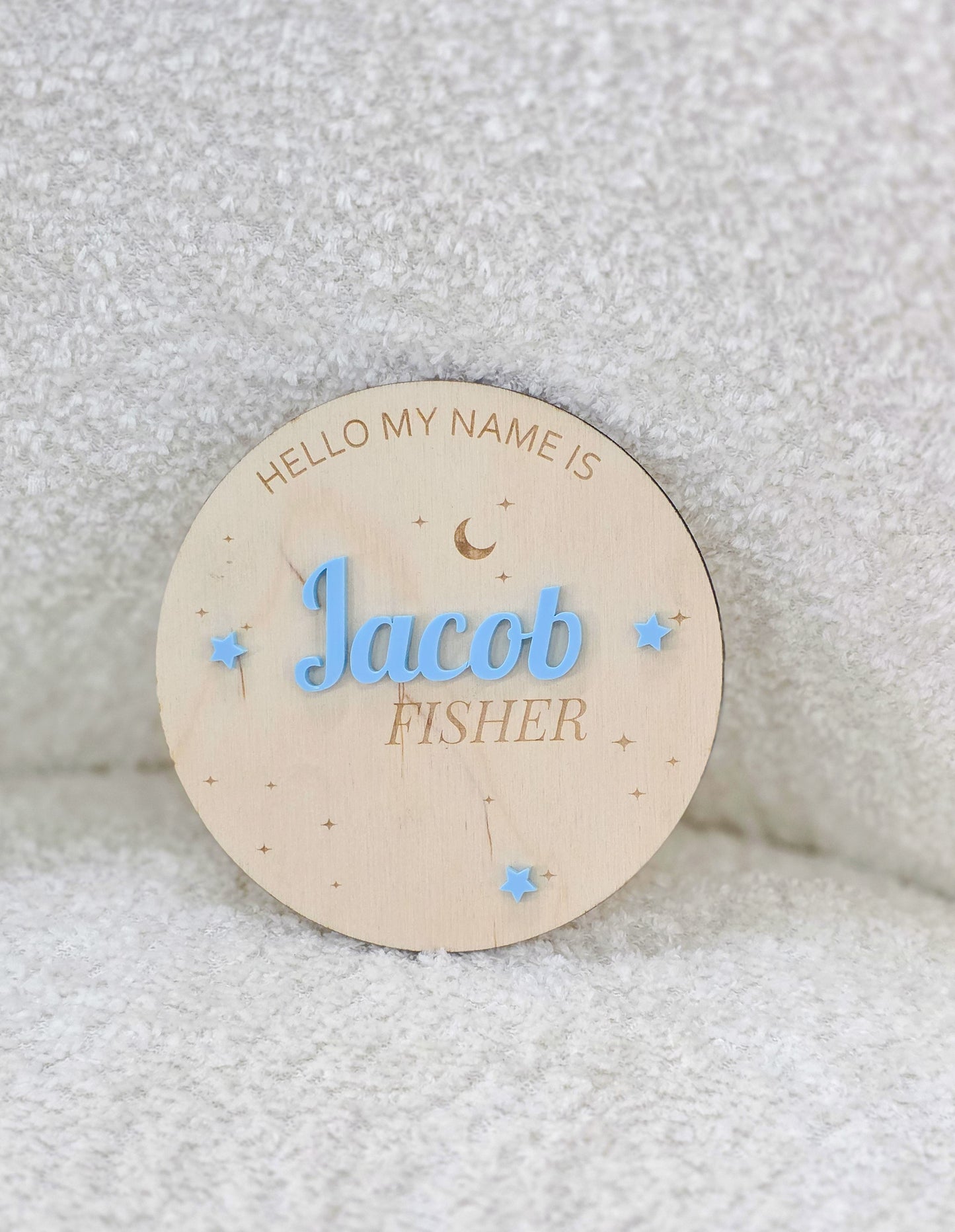 Round Moon & Stars Baby Name Announcement - Birch & Acrylic