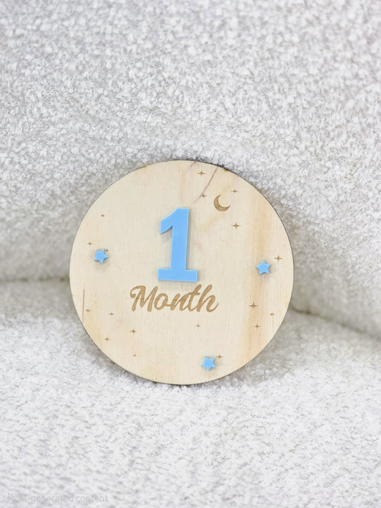 Round Moon & Stars Baby Milestone Discs Set of 12 -  Birch & Acrylic