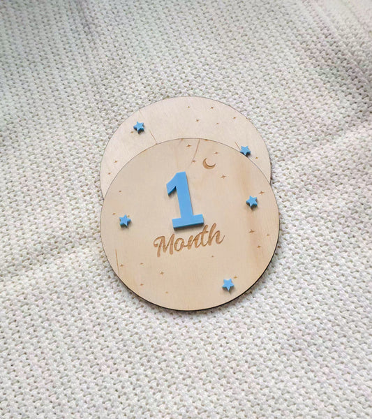 Round Moon & Stars Baby Milestone Discs Set of 12 -  Birch & Acrylic