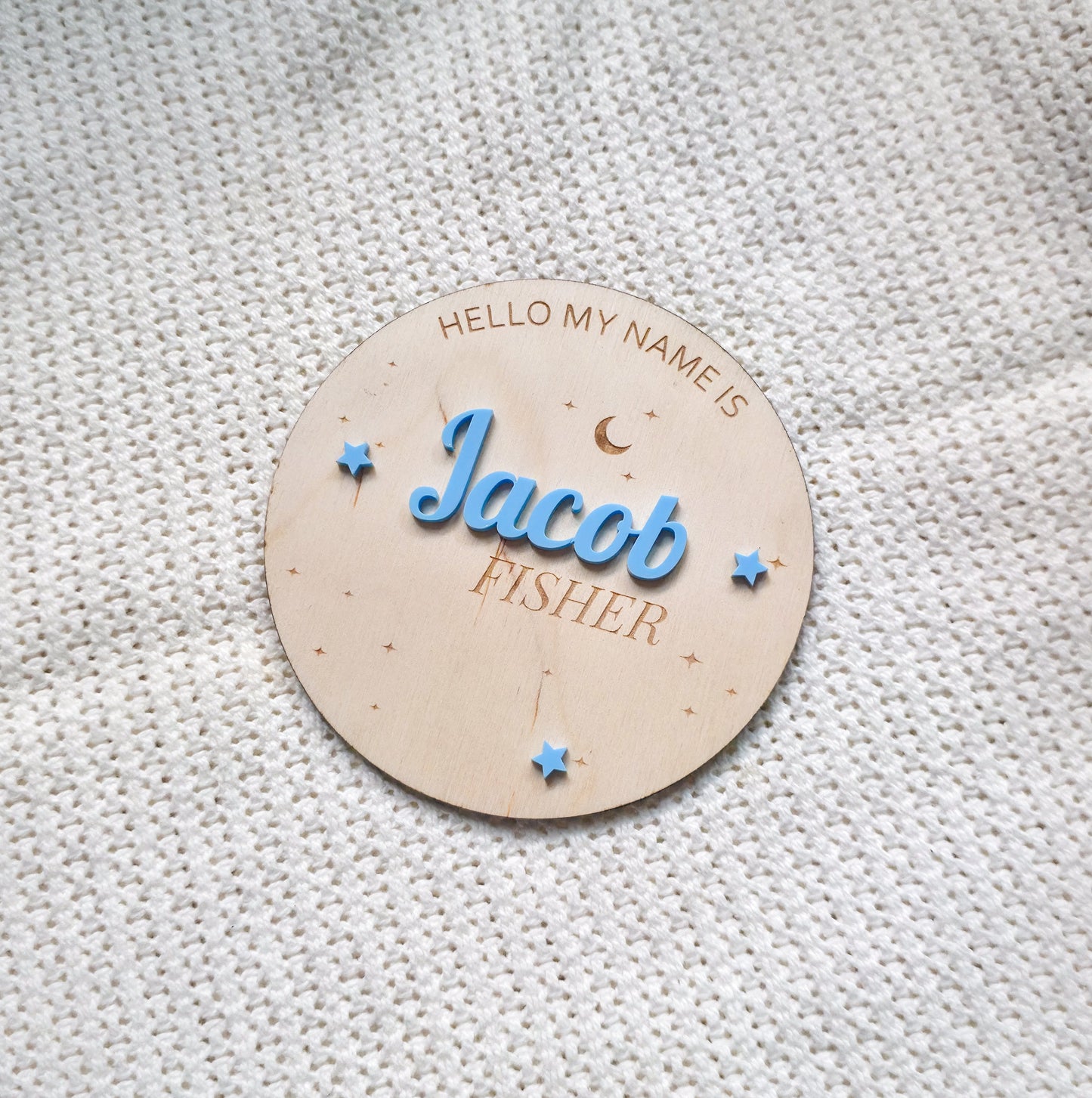 Round Moon & Stars Baby Name Announcement - Birch & Acrylic