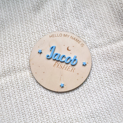 Round Moon & Stars Baby Name Announcement - Birch & Acrylic