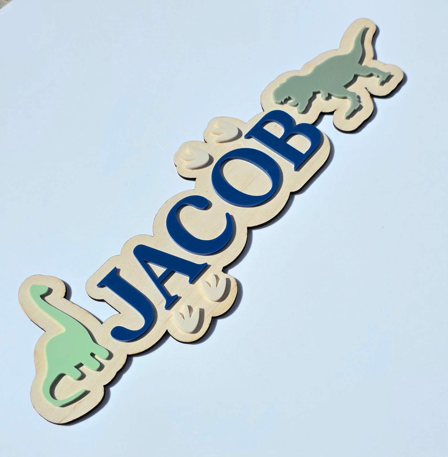 Dinosaur Kids Name Sign - Acrylic & Birch