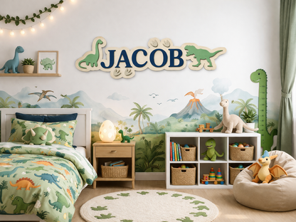 Dinosaur Kids Name Sign - Acrylic & Birch