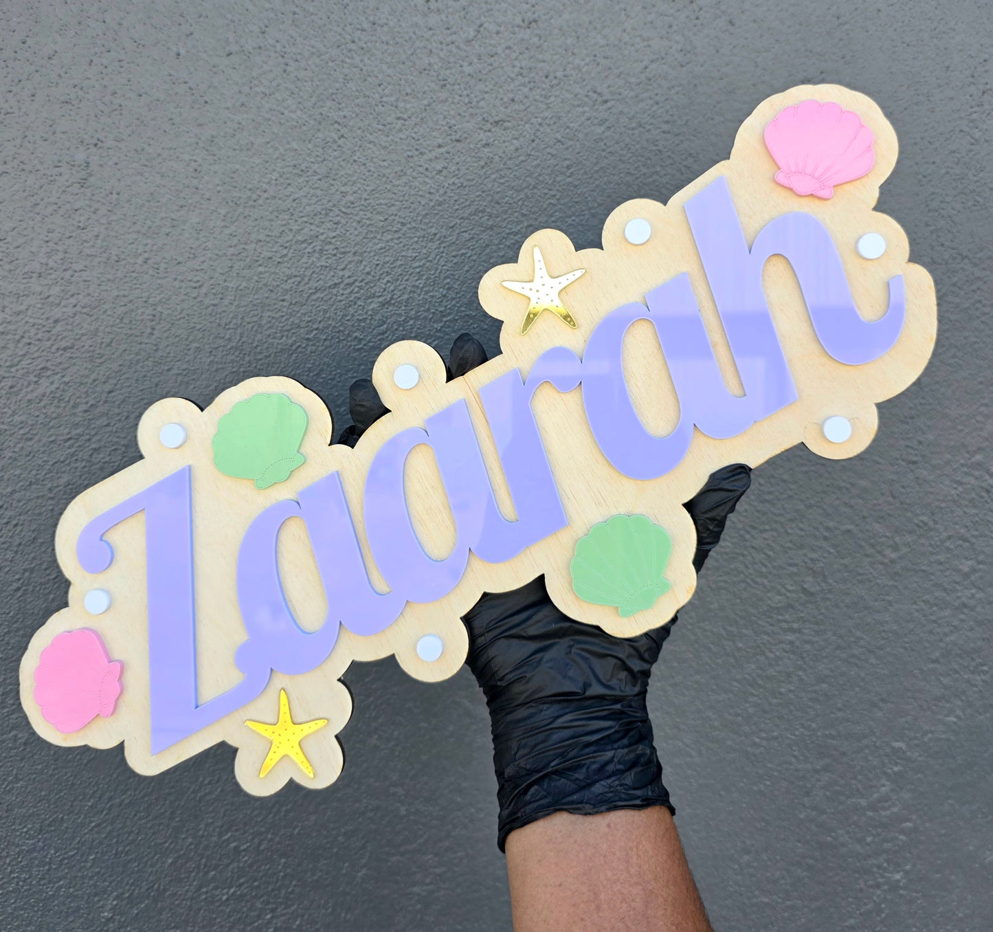 Sea Shells & Pearls Kids Name Kids Sign – Acrylic & Birch