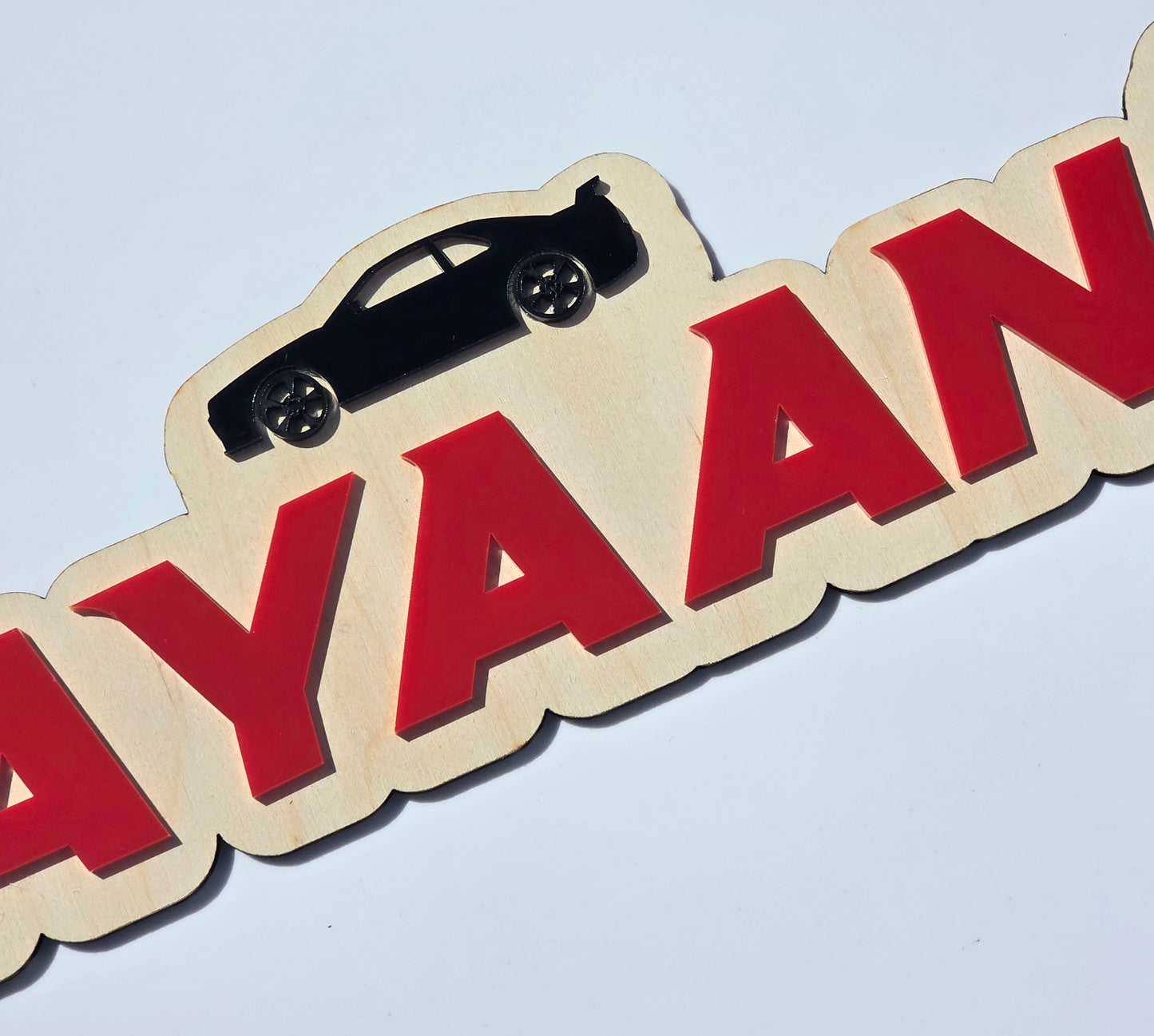Racing Car Kids Name Sign - Acrylic & Birch