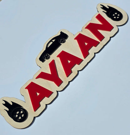 Racing Car Kids Name Sign - Acrylic & Birch