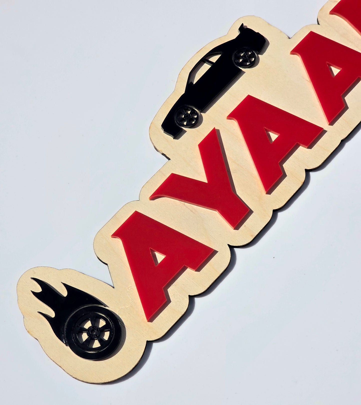 Racing Car Kids Name Sign - Acrylic & Birch