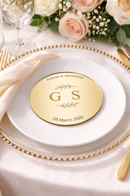 Round & Leafy Name Place Cards & Thank You Cards - Mirror Acrylic