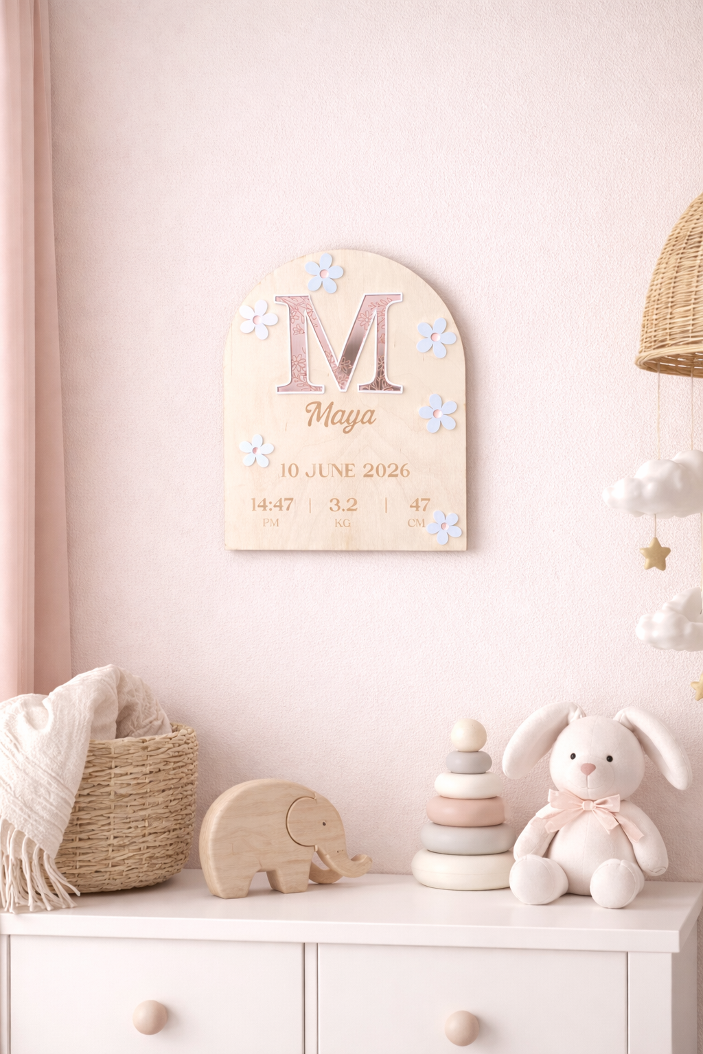 Large Baby Birth Announcement Plaque - Floral Mirror Acrylic