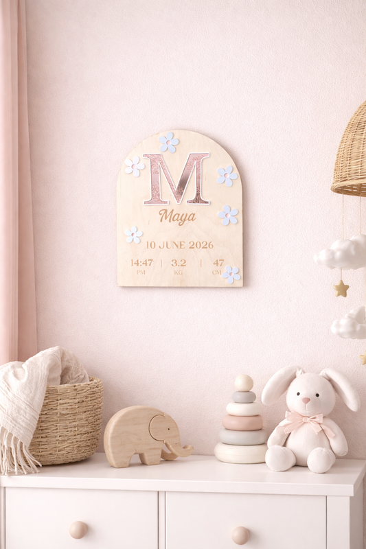 Large Baby Birth Announcement Plaque - Floral Mirror Acrylic