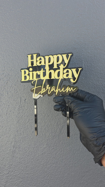 Personalized Happy Birthday Cake Topper - Black & Mirror Acrylic