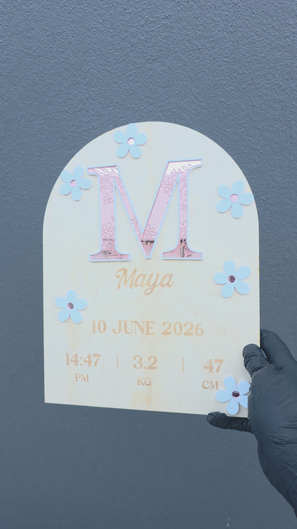 Large Baby Birth Announcement Plaque - Floral Mirror Acrylic