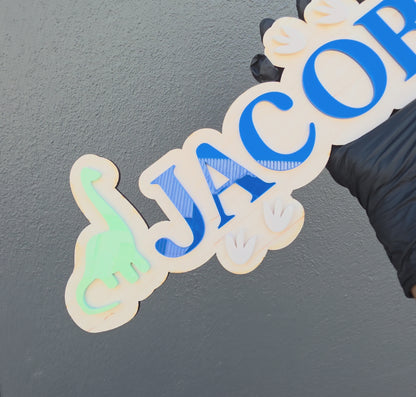 Dinosaur Kids Name Sign - Acrylic & Birch