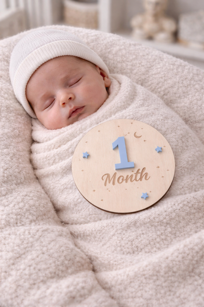 Round Moon & Stars Baby Milestone Discs Set of 12 -  Birch & Acrylic