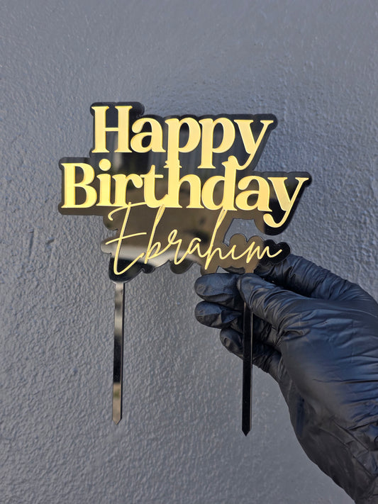 Personalized Happy Birthday Cake Topper - Black & Mirror Acrylic