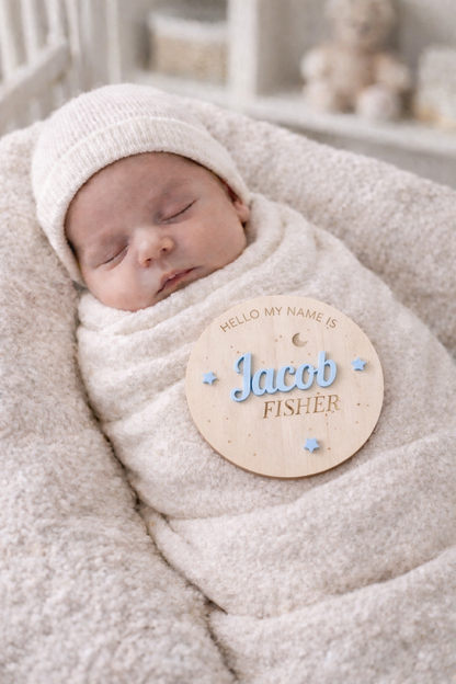 Round Moon & Stars Baby Name Announcement - Birch & Acrylic
